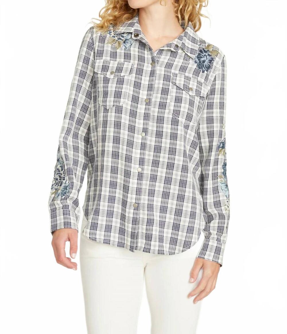 NEW DRIFTWOOD lana plaid shirt in bluebell fleur
